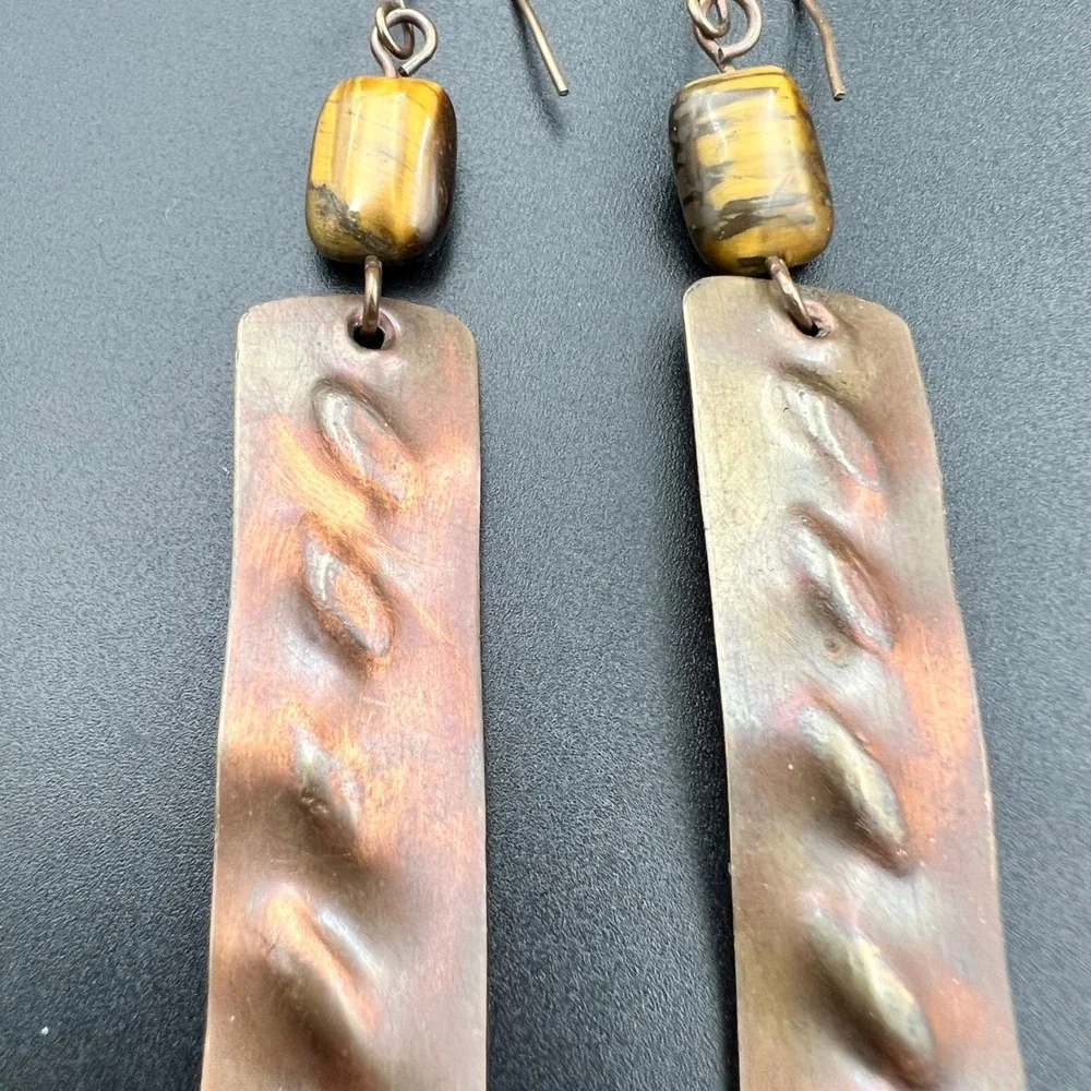Handmade Copper Tigers Eye Dangle‎ Earrings Rectangle Hammered 3.25